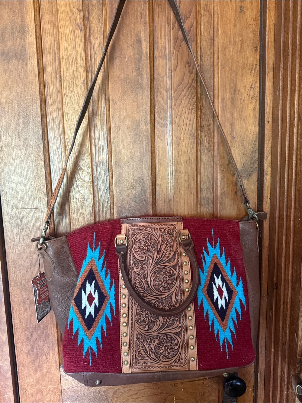 NWT American Darling Southwestern Embossed Leather Accent Tote - Red & Turquoise